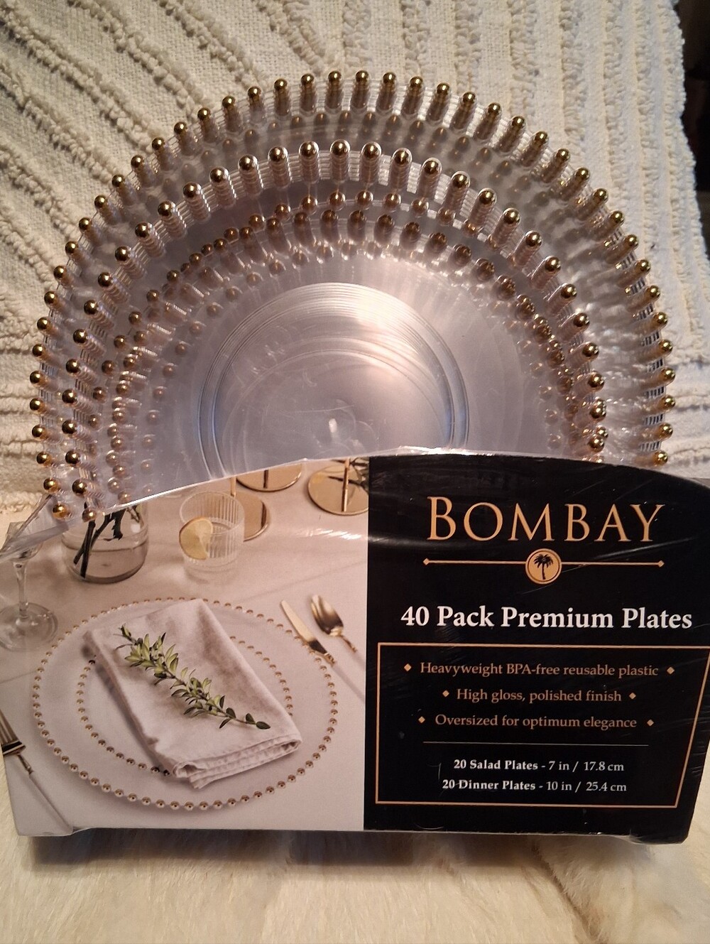 Bombay Clear and Gold Beaded Rim Plates - 40 Pack Premium - NWT - Picture 3 of 4